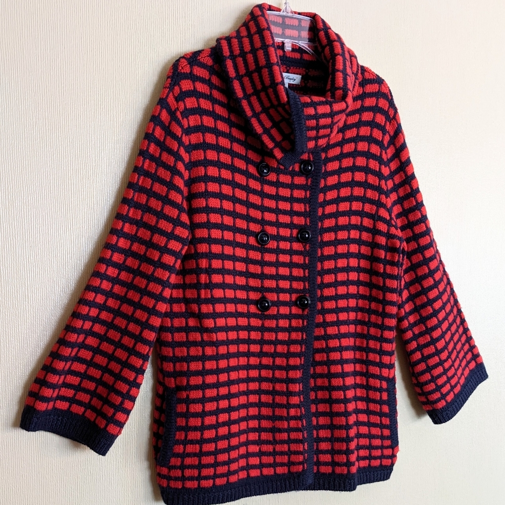 Beth Bowley Cardigan Sweater Red Blue Wool Cowl Neck Check Size Small - Picture 4 of 15